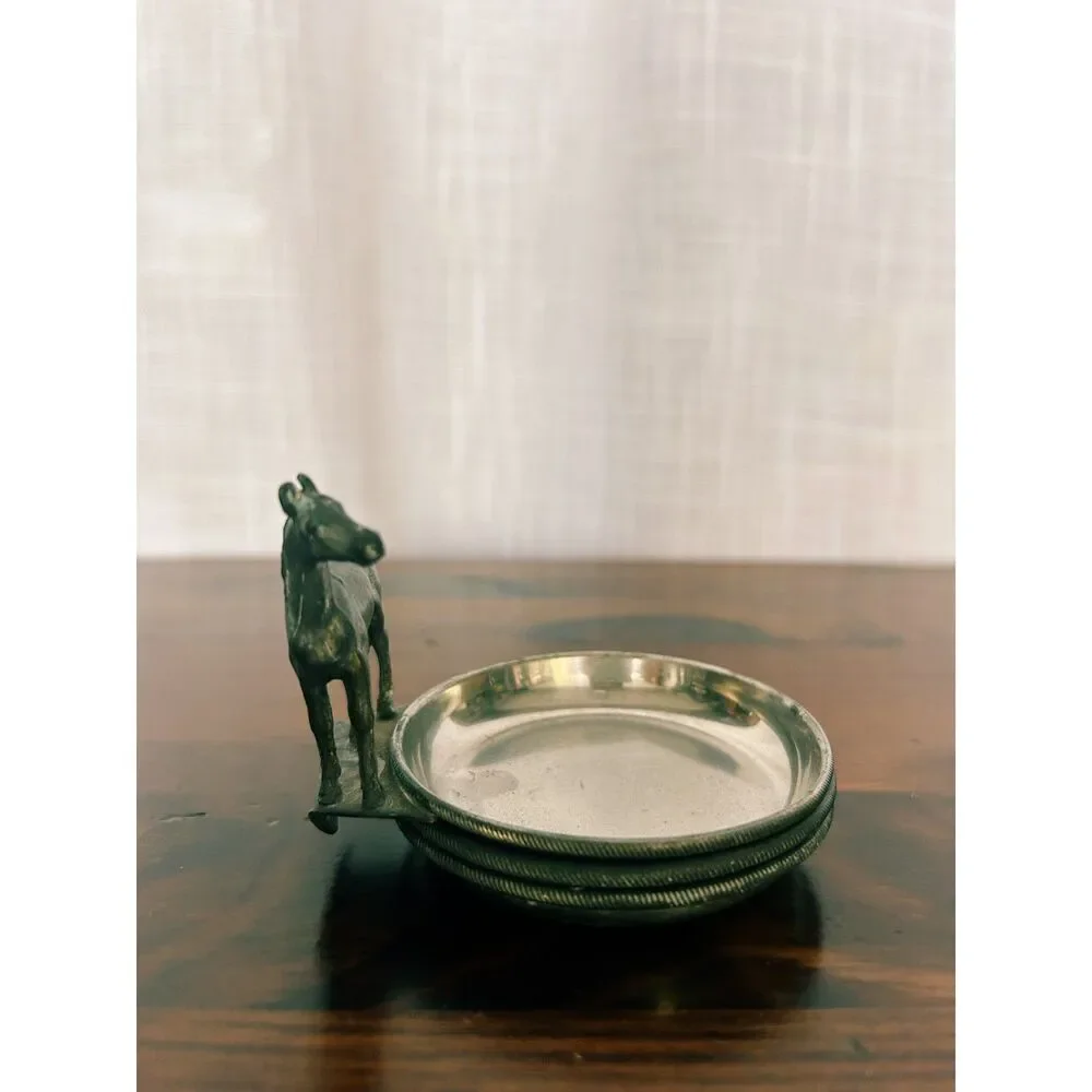 Vintage Genuine Pewter Equestrian Horse 3-Piece Coaster Stack Set